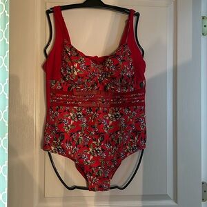 Red floral mesh swimsuit